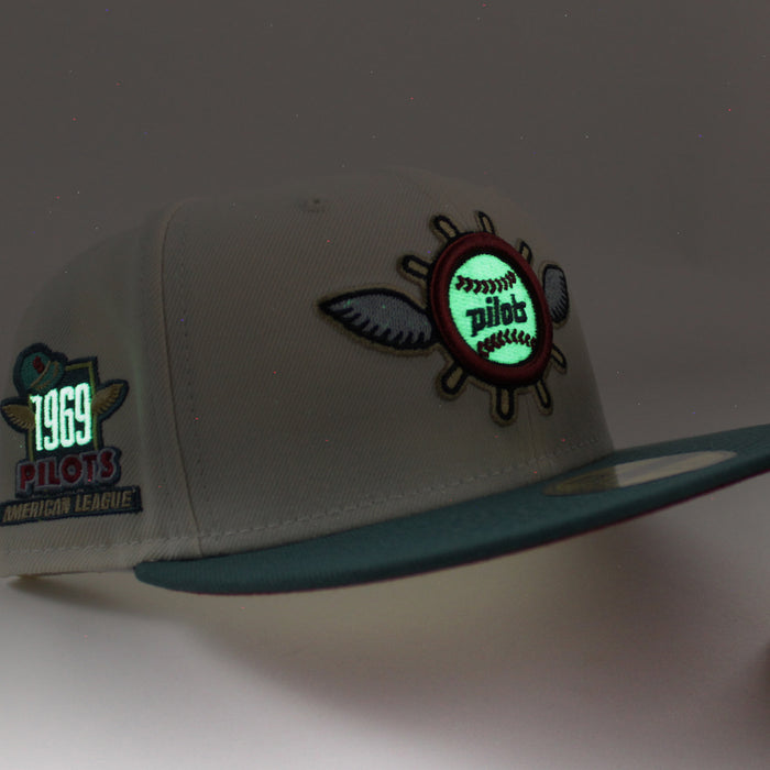 Seattle Pilots 1969 Pilots New Era Fitted 59Fifty Hat (Glow in the Dark CHROME WHITE PINE NEEDLE GREEN PINOT RED Under brim)