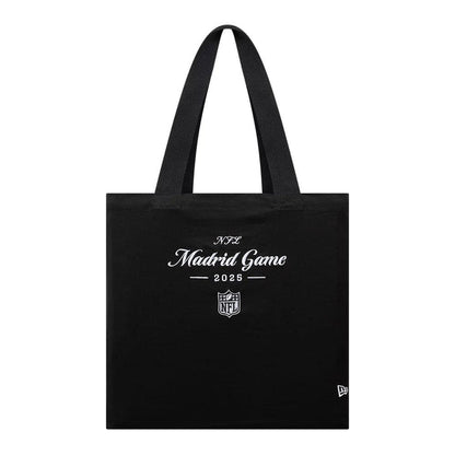 This is a Shield Logo NFL Madrid Game 2025 Black Tote Bag 1