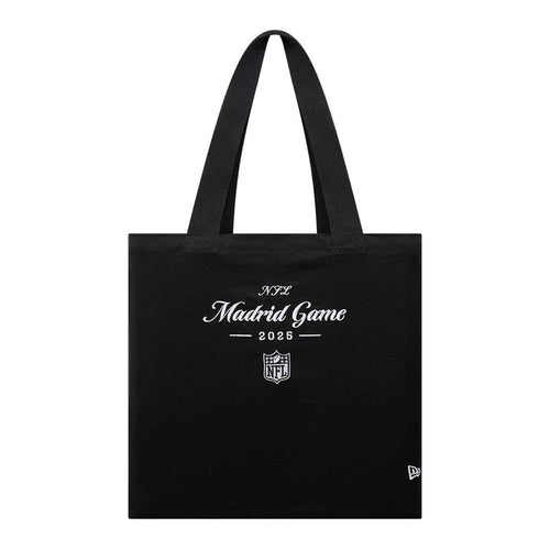 This is a Shield Logo NFL Madrid Game 2025 Black Tote Bag 1