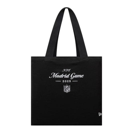 This is a Shield Logo NFL Madrid Game 2025 Black Tote Bag 1