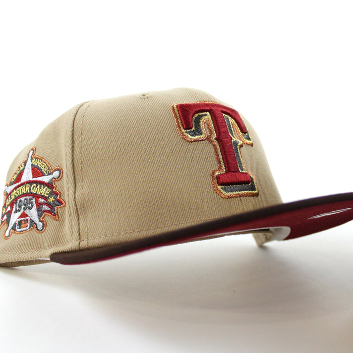 Texas Rangers 1995 All Star Game New Era 59Fifty Fitted Hat (Camel Burnt Wood Cardinal Under Brim)