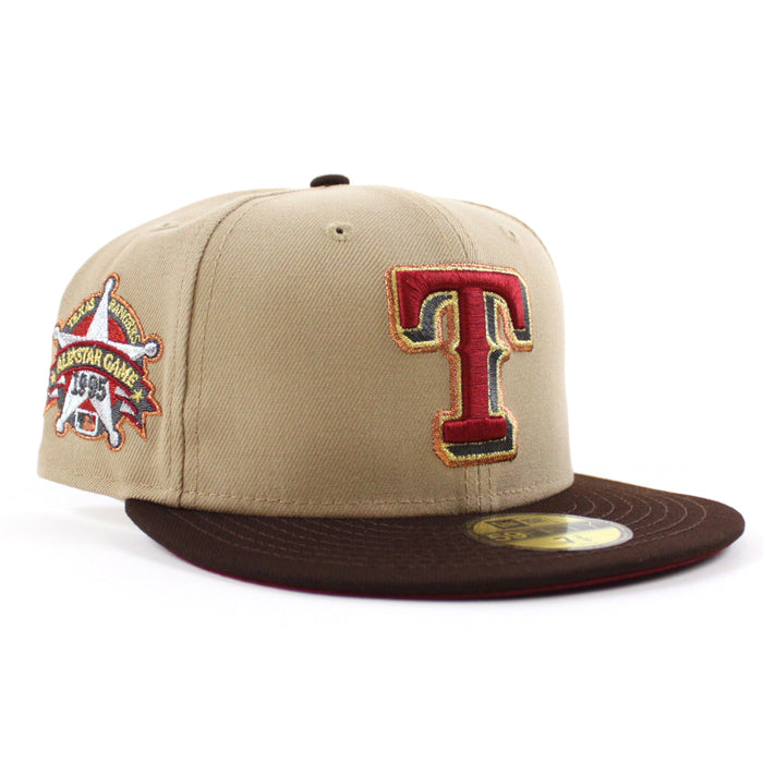 Texas Rangers 1995 All Star Game New Era 59Fifty Fitted Hat (Camel Burnt Wood Cardinal Under Brim)