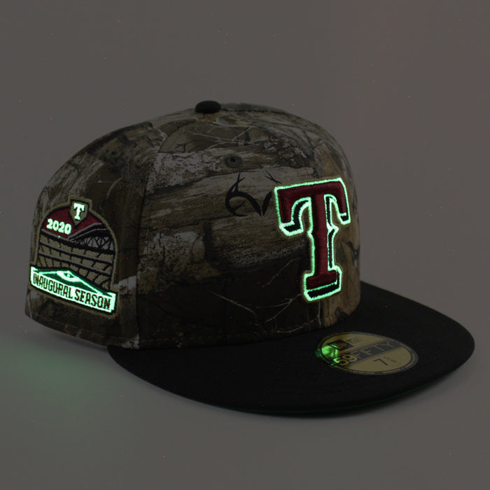 Texas Rangers 2020 Inaugural Season Patch New Era 59Fifty Fitted Hat (Glow in the Dark RealTree Black Green Under Brim)