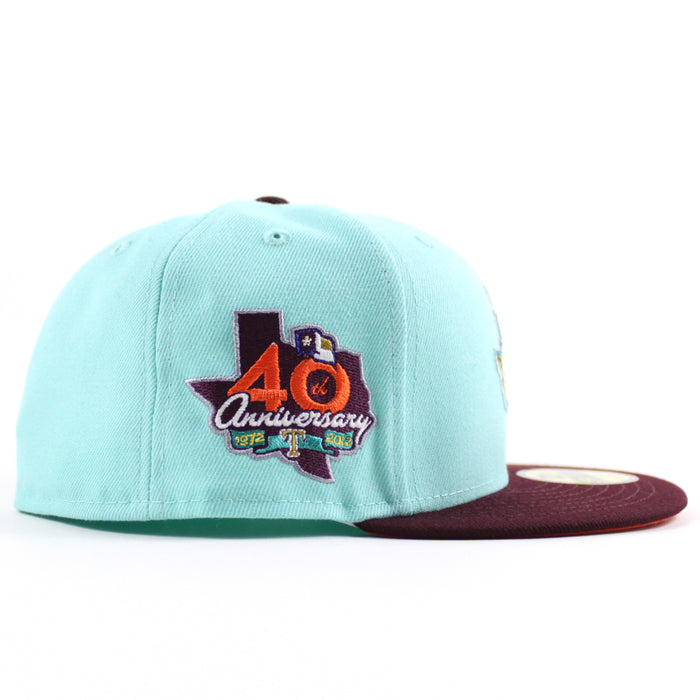 Texas Rangers 40TH ANNIVERSARY New Era 59Fifty Fitted Hat (Tint Blue Maroon ORANGE Under Brim)