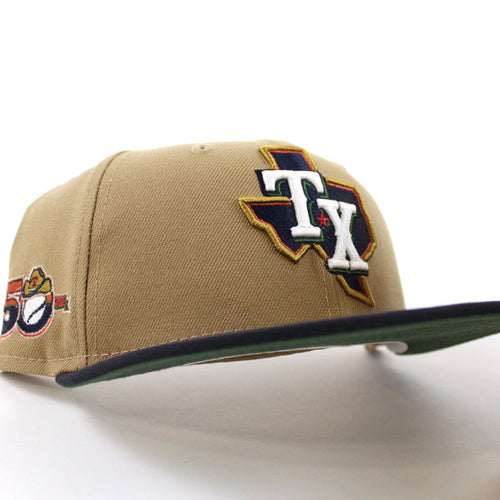 Texas Rangers INAUGURAL SEASON New Era 59Fifty Fitted Hat (GITD Khaki Navy Green Under Brim)