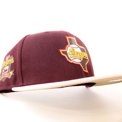 Texas Rangers RANGERS BASEBALL CLUB New Era 59Fifty Fitted Hat (Maroon Blush Sky Khaki Under Brim)