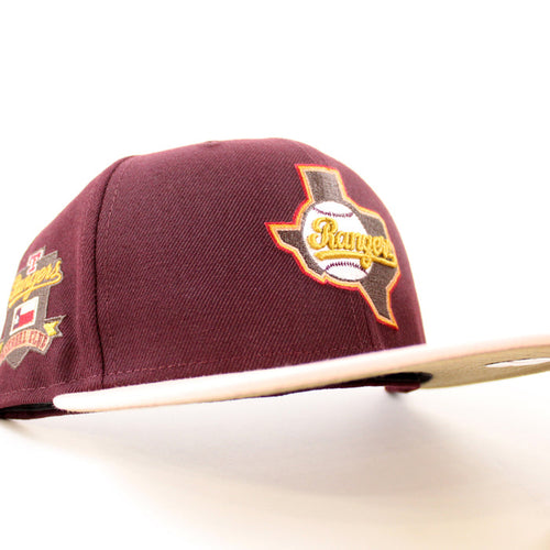 Texas Rangers RANGERS BASEBALL CLUB New Era 59Fifty Fitted Hat (Maroon Blush Sky Khaki Under Brim)
