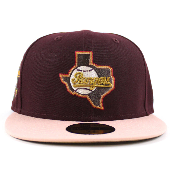Texas Rangers RANGERS BASEBALL CLUB New Era 59Fifty Fitted Hat (Maroon Blush Sky Khaki Under Brim)