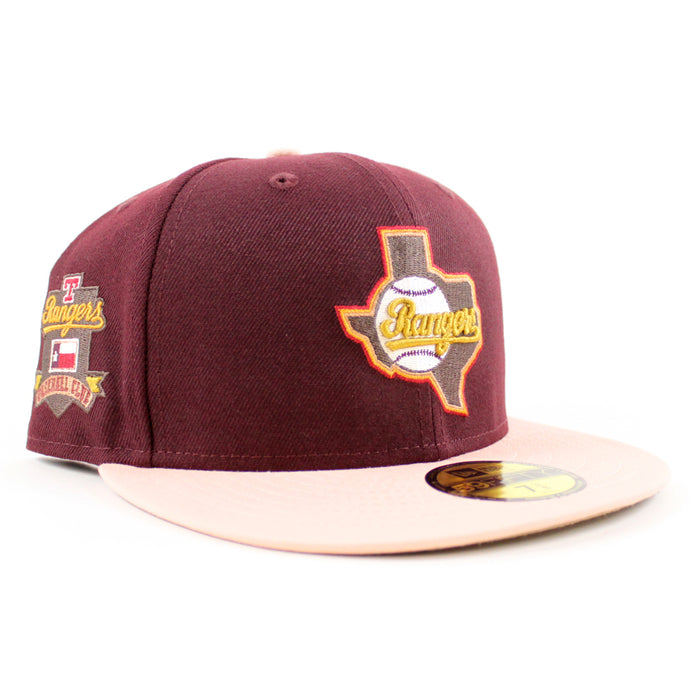 Texas Rangers RANGERS BASEBALL CLUB New Era 59Fifty Fitted Hat (Maroon Blush Sky Khaki Under Brim)
