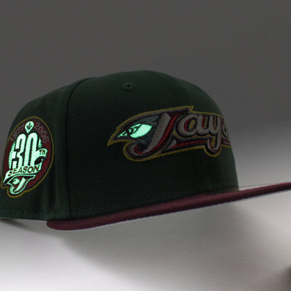 Toronto Blue Jays 30th Season New Era 59Fifty Fitted Hat (Glow in the Dark Pine Green Maroon Gray Under Brim)