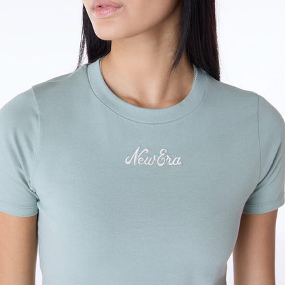 The Female model is wearing Womens New Era Slim Pastel Blue T-Shirt 3